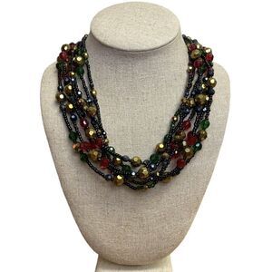 Joan Rivers 7 Strand Gold Red Green Black Bead Classic Collection Necklace